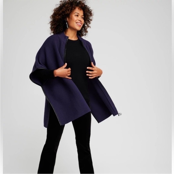 Chico's Navy Knit Open-Front Poncho with Black Trim - Picture 8 of 8